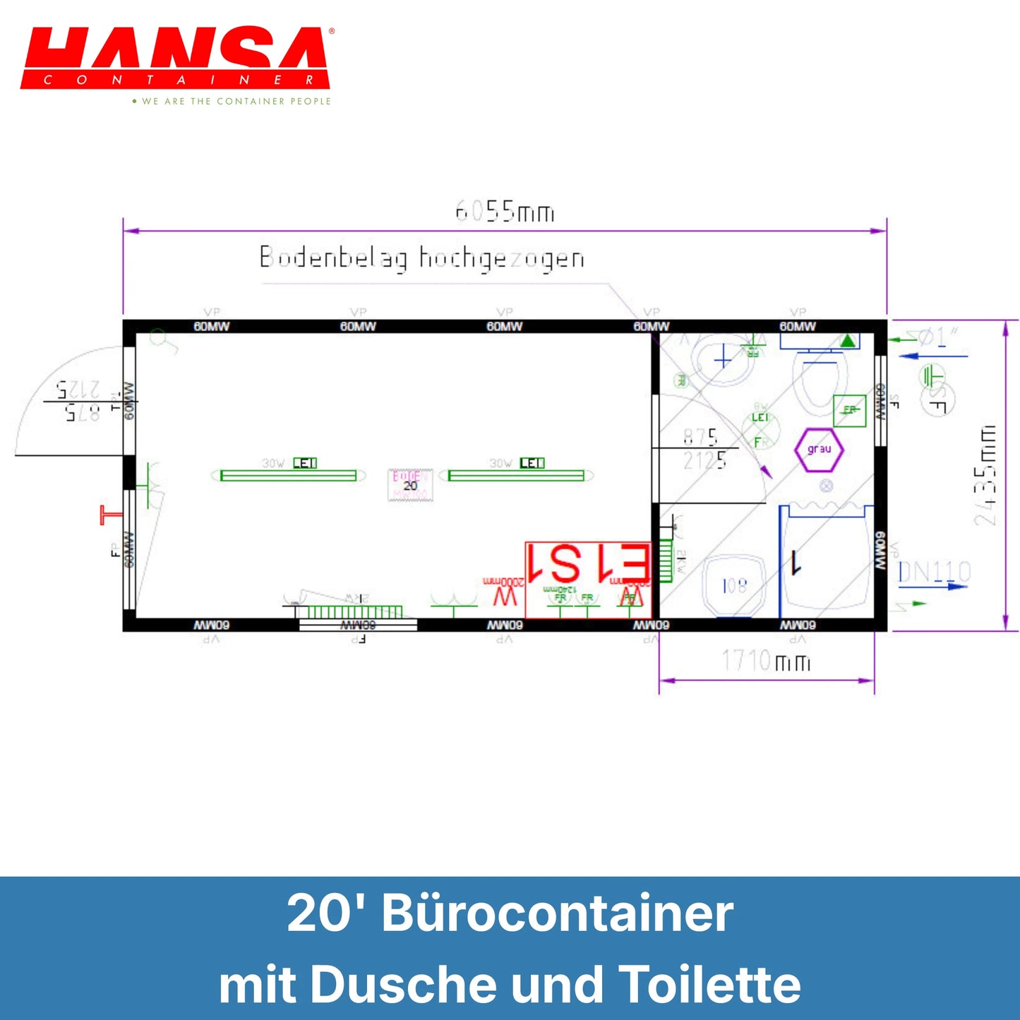 20' Bürocontainer mit Dusche & WC | Bauleitercontainer
