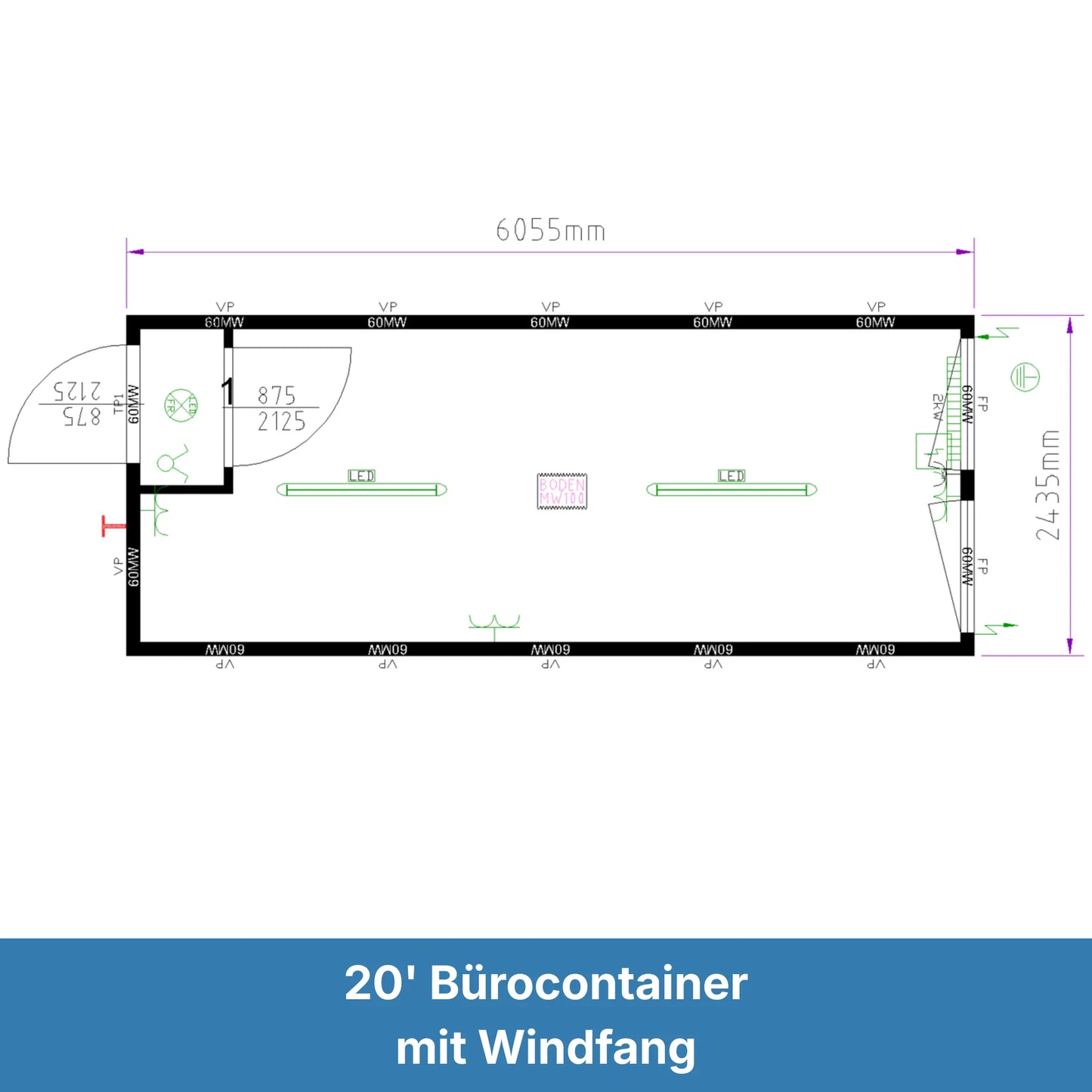 Grundriss eines 20ft Bürocontainers mit Windfang