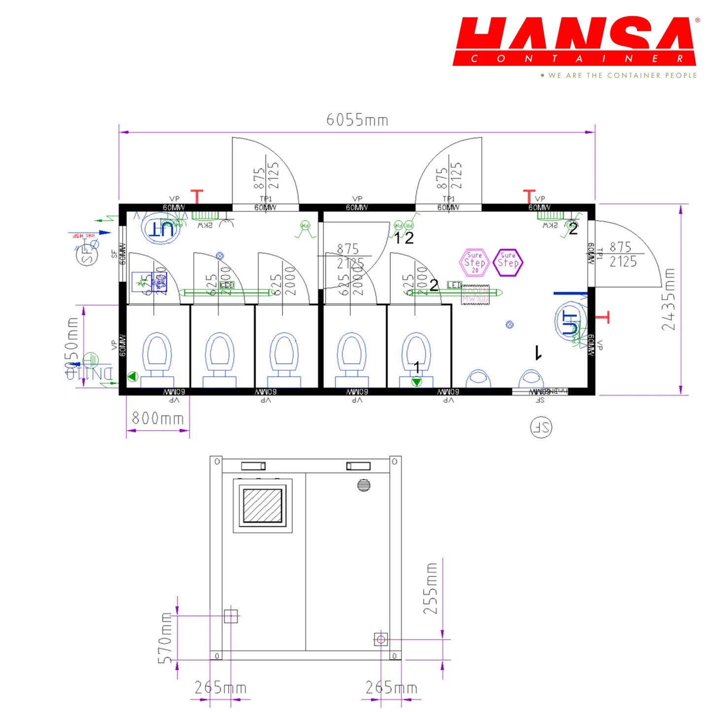 20' Sanitärcontainer Damen/Herren (WC-Container)