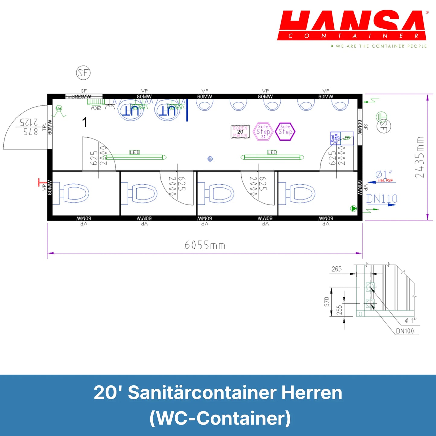 20' Sanitärcontainer Herren (WC-Container)