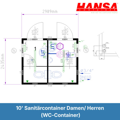 10' Sanitärcontainer Damen/Herren (WC-Container)
