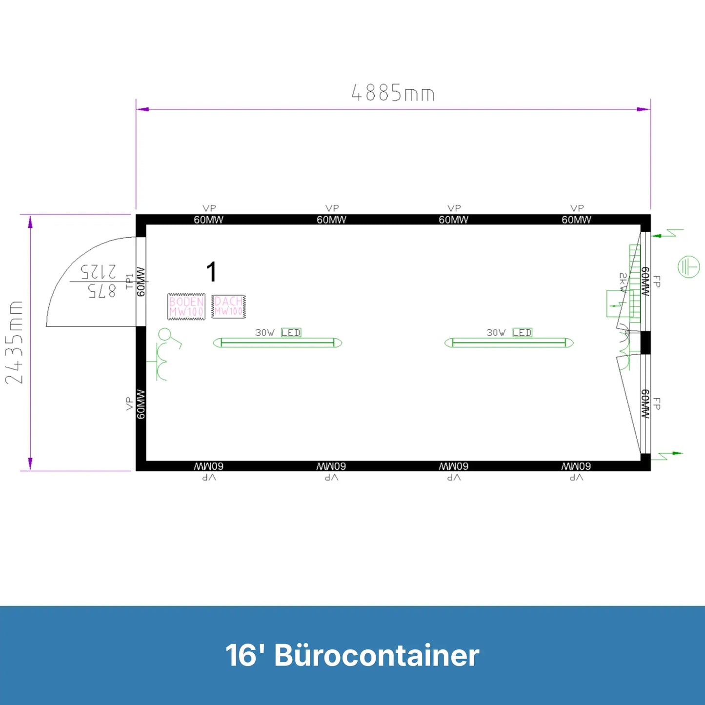 Grundrissdarstellung eines Bürocontainers 16ft