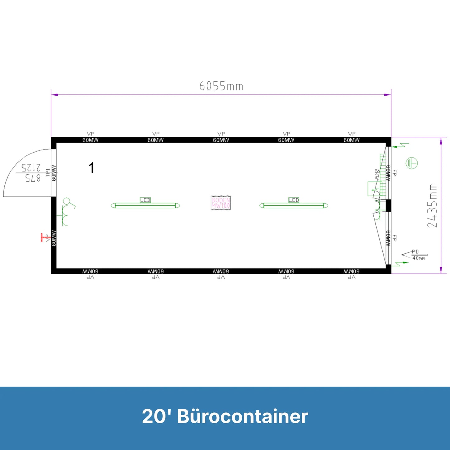 Grundriss eines 20ft Bürocontainers von Hansa Container