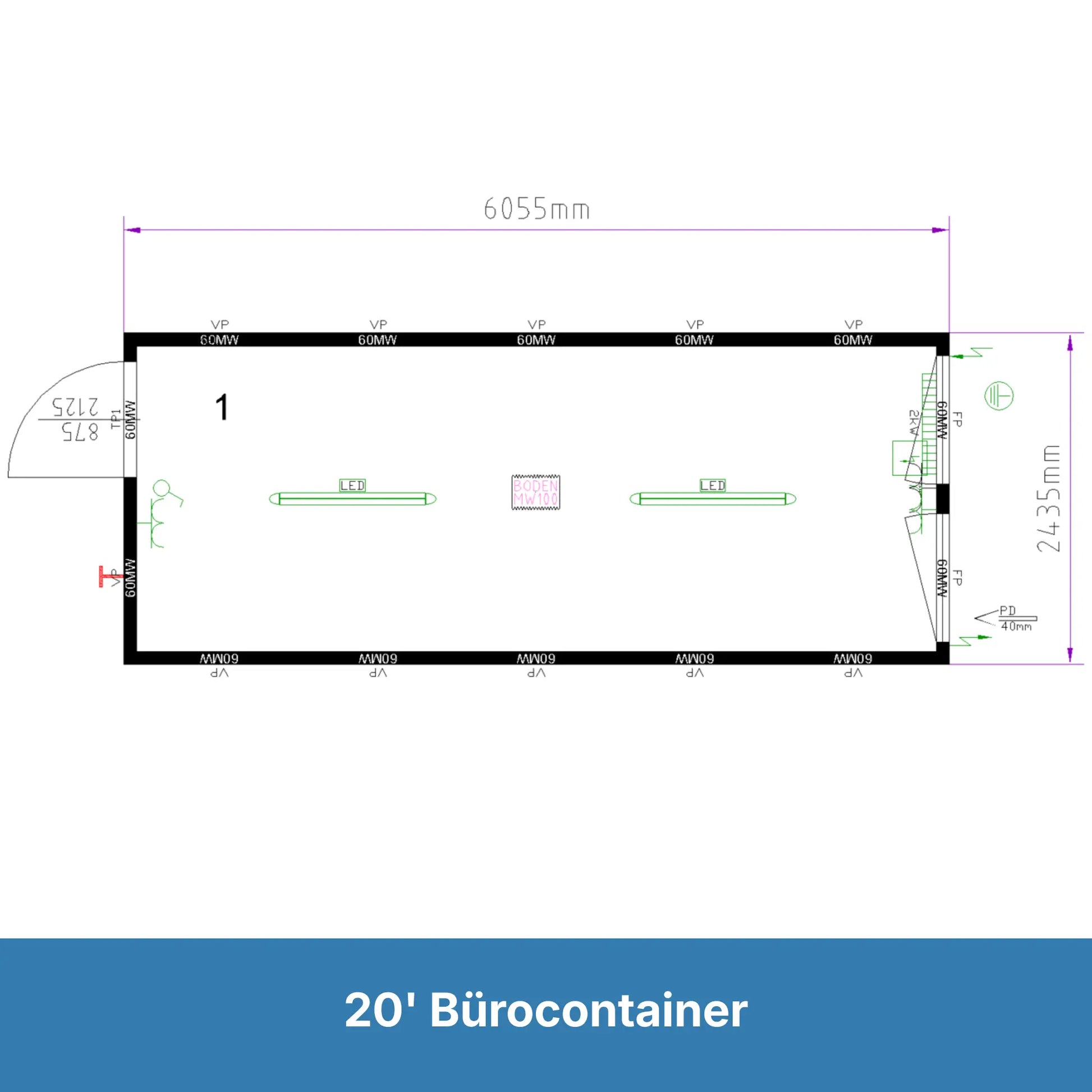 Grundriss eines 20ft Bürocontainers von Hansa Container