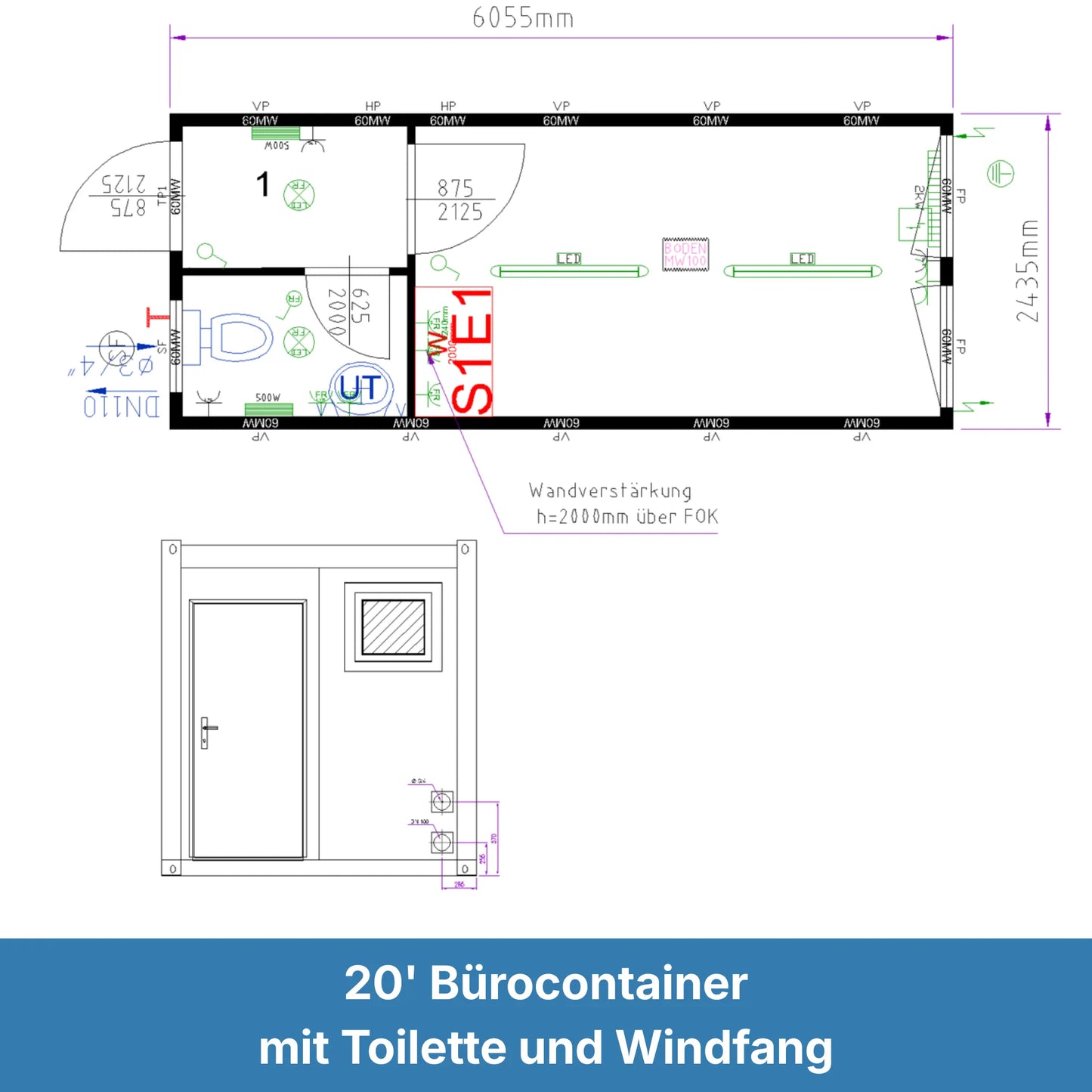 Grundriss eines 20ft Bürocontainers mit integrierter Toilette