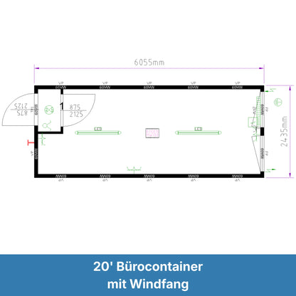 Grundriss eines 20ft Bürocontainers mit Windfang