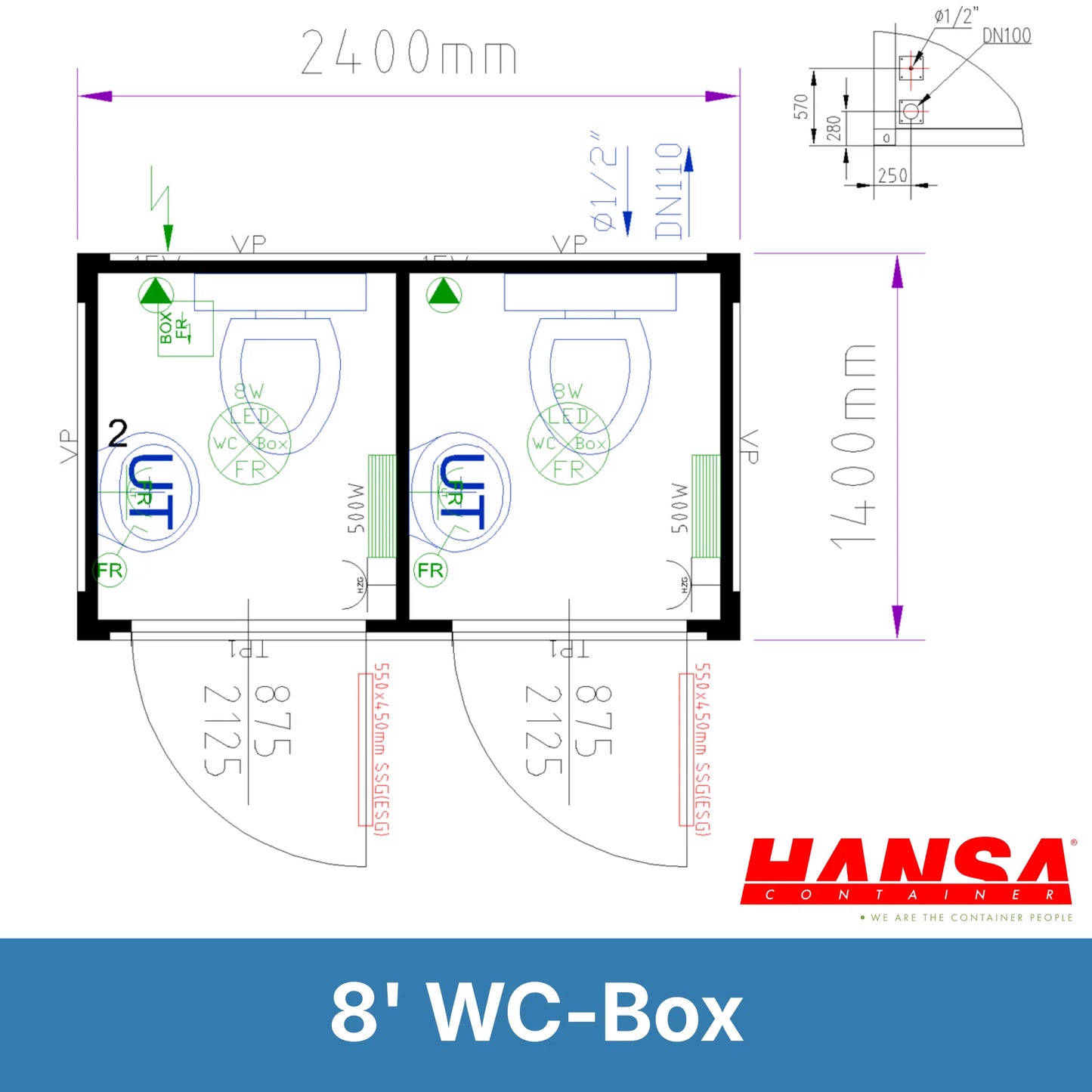 8' Duo WC-Box - Sanitärcontainer