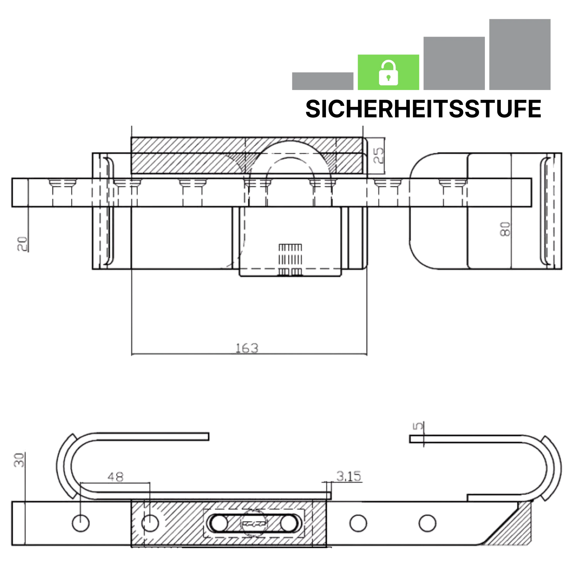 Technische Skizze des Containerschlosses HCT-003