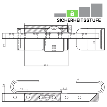 Technische Skizze des Containerschlosses HCT-003
